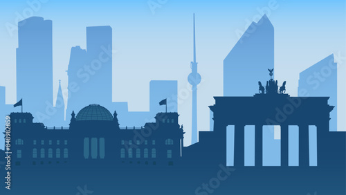 Berlin, Germany. Reichstag, Brandenburg Gate, Berlin TV Tower, Kaiser Wilhelm Memorial Church. Silhouette vector background with legendary places and top attractions. Travel illustration