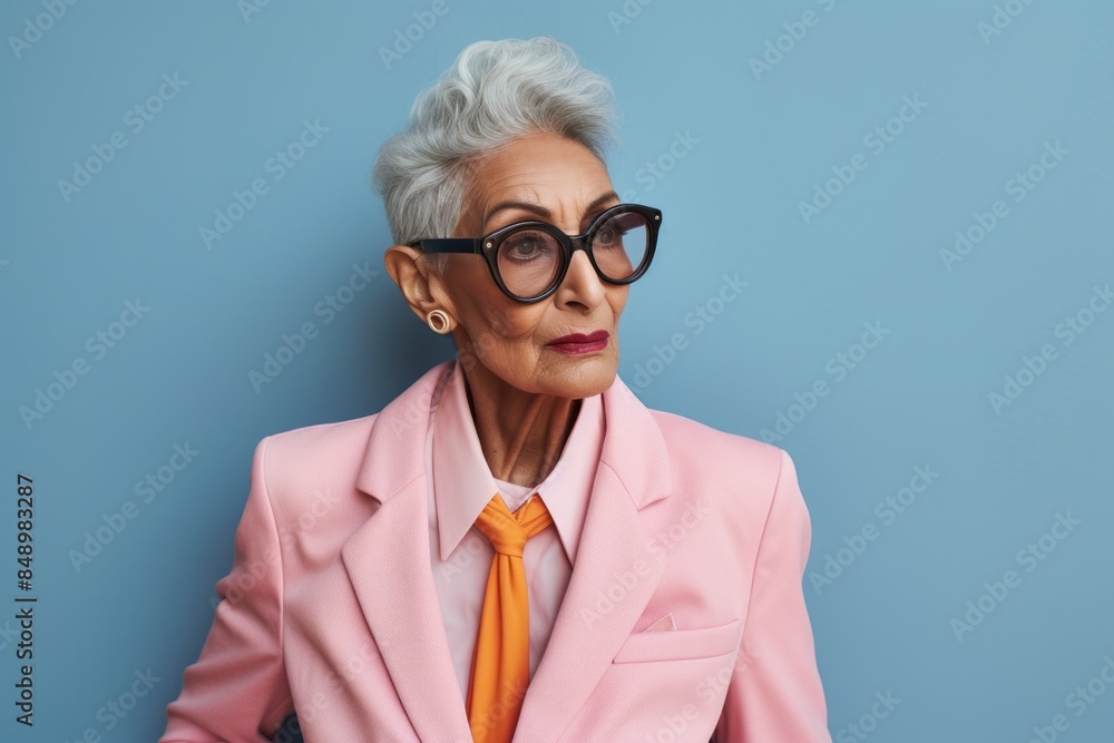 Portrait of a glad indian woman in her 80s dressed in a stylish blazer in solid pastel color wall Portrait of a glad indian woman in her 80s dressed in a stylish blazer in solid pastel color wall