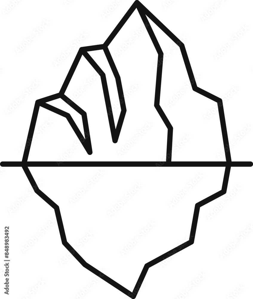 Line drawing of an iceberg floating with a small portion visible above the waterline and a much larger portion hidden below Line drawing of an iceberg floating with a small portion visible above the waterline and a much larger portion hidden below