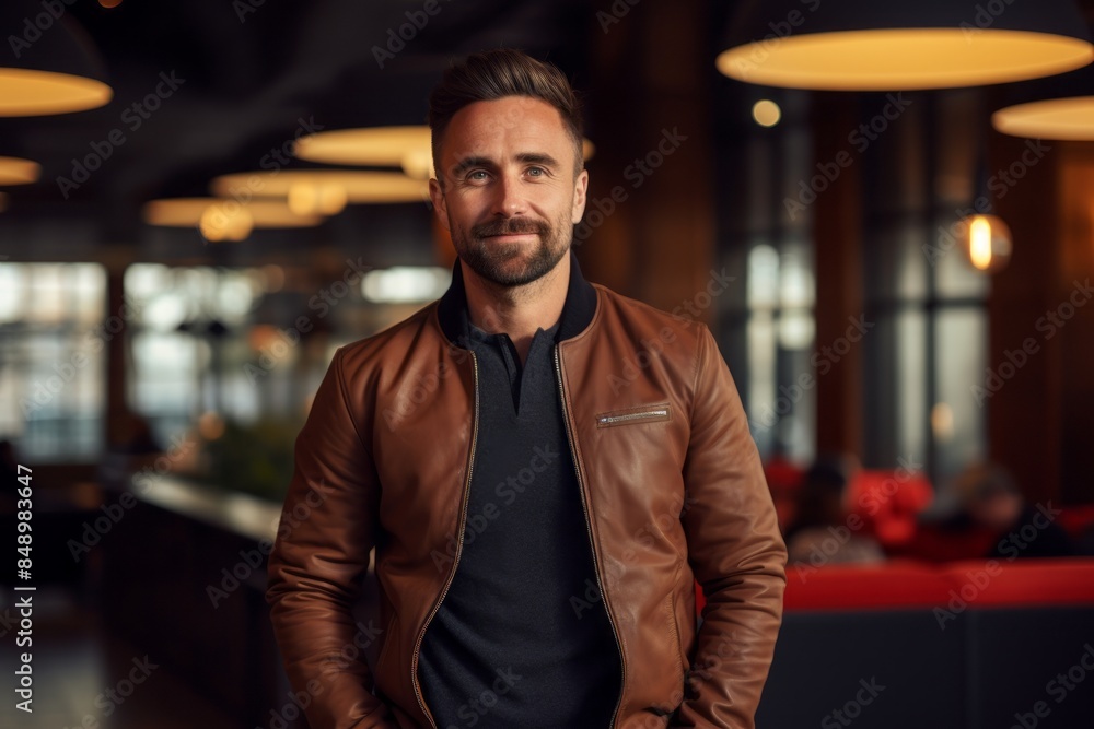 Portrait of a glad man in his 30s wearing a trendy bomber jacket while standing against scandinavian-style interior background Portrait of a glad man in his 30s wearing a trendy bomber jacket while standing against scandinavian-style interior background