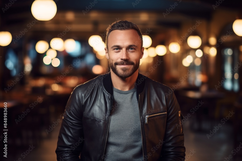 Portrait of a glad man in his 30s wearing a trendy bomber jacket in front of scandinavian-style interior background Portrait of a glad man in his 30s wearing a trendy bomber jacket in front of scandinavian-style interior background