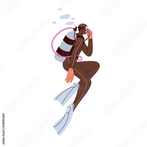 Diving in scuba equipment. Diver in suit. Underwater swimming with oxygen mask, aqualung tank, flippers. Undersea sport. Under water travel. Flat vector illustration isolated on white background