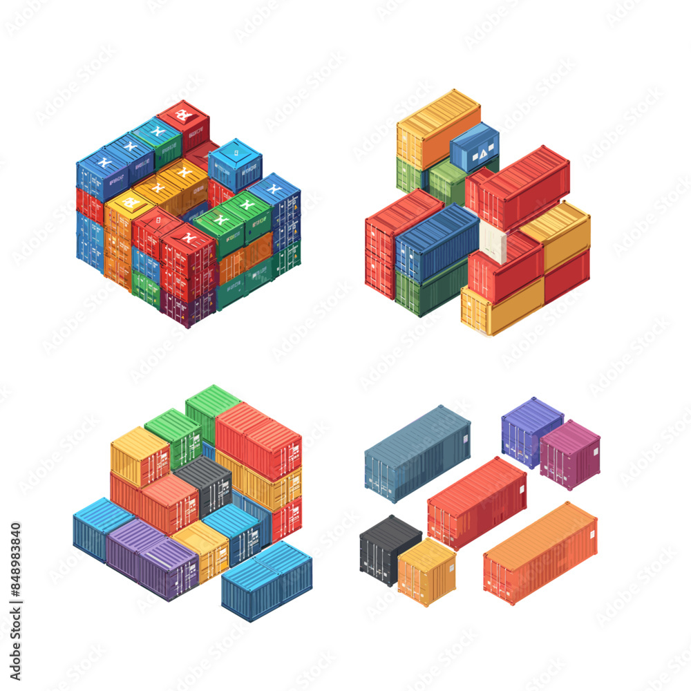 4 isometric designs of containers in different colors on a white background, with a simple design in the vector art style 4 isometric designs of containers in different colors on a white background, with a simple design in the vector art style