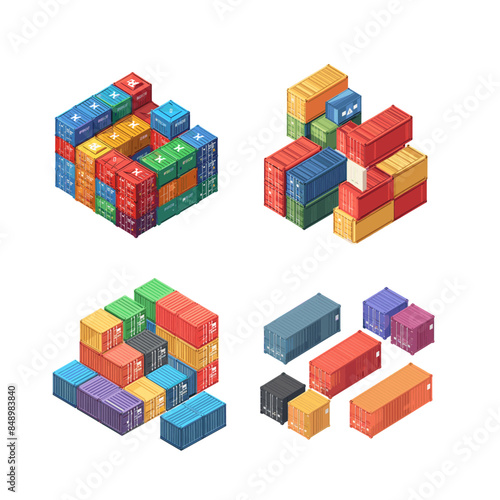 4 isometric designs of containers in different colors on a white background, with a simple design in the vector art style