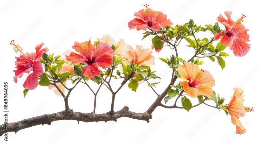 A radiant hibiscus tree with large, bright red and orange flowers isolated on a white background A radiant hibiscus tree with large, bright red and orange flowers isolated on a white background