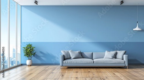 Modern minimalist living room interior with a grey sofa against a blue wall and floor-to-ceiling window. Featuring neutral colors and sparse furnishings.