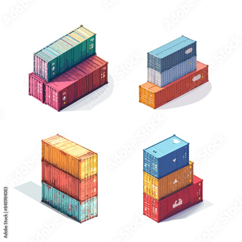 Isometric style, different colors of shipping containers stacked on top of each other in four positions and angles, vector art