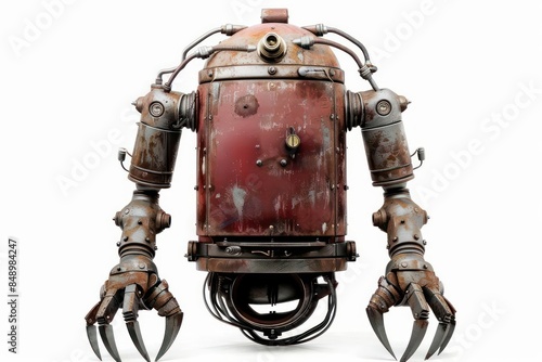 A retrostyle vintage robot with a cylindrical body and clawlike hands isolated on a white background photo