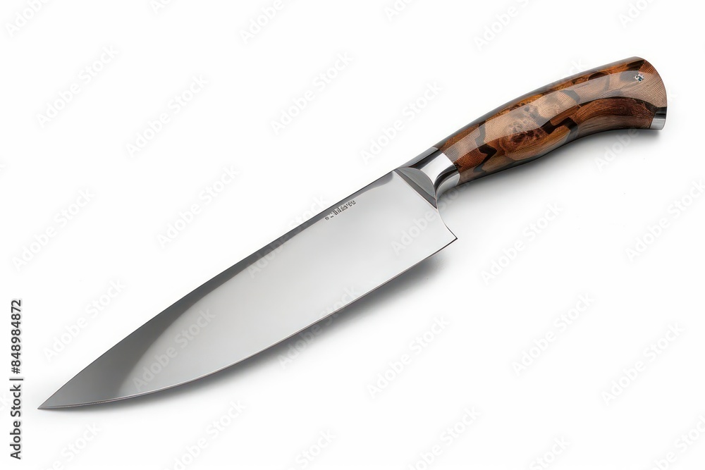 A sharp chefs knife with a polished blade and ergonomic handle isolated on a white background A sharp chefs knife with a polished blade and ergonomic handle isolated on a white background