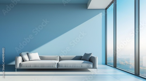 Modern minimalist living room interior with a grey sofa against a blue wall and floor-to-ceiling window. Featuring neutral colors and sparse furnishings.
