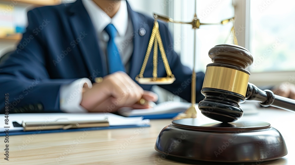 Scales of Justice and Gavel with Lawyer Discussing Law Concepts in the Background - Professional Business Setting with Copy Space Scales of Justice and Gavel with Lawyer Discussing Law Concepts in the Background - Professional Business Setting with Copy Space