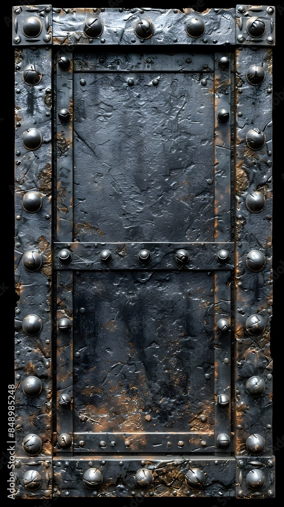 Weathered Industrial Metal Frame with Rivet Details on Black Background Weathered Industrial Metal Frame with Rivet Details on Black Background