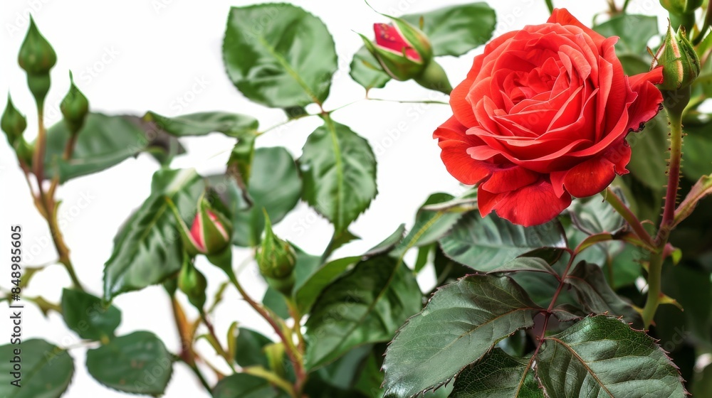 Close-up of a vibrant red rose with green foliage Close-up of a vibrant red rose with green foliage