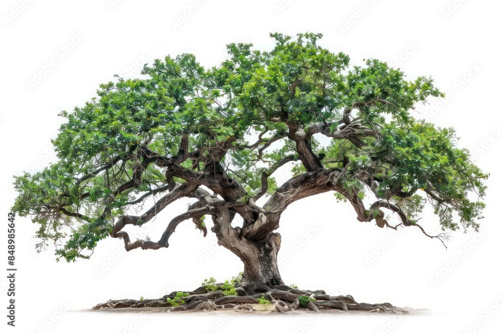 A solitary oak tree with sprawling branches and lush green leaves isolated on a white background A solitary oak tree with sprawling branches and lush green leaves isolated on a white background