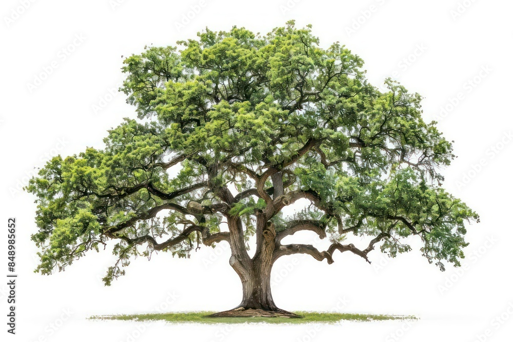 Obraz premium A solitary oak tree with sprawling branches and lush green leaves isolated on a white background