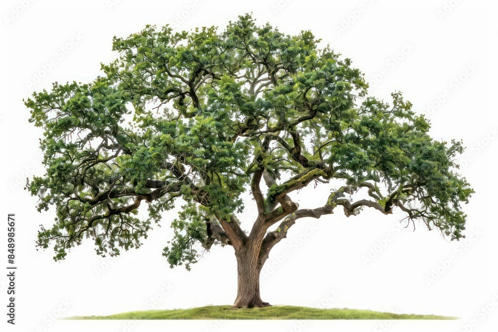 A solitary oak tree with sprawling branches and lush green leaves isolated on a white background A solitary oak tree with sprawling branches and lush green leaves isolated on a white background