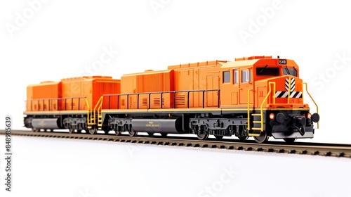 Modern Yellow Freight Train on Railway Tracks. Locomotive isolated on a white background photo