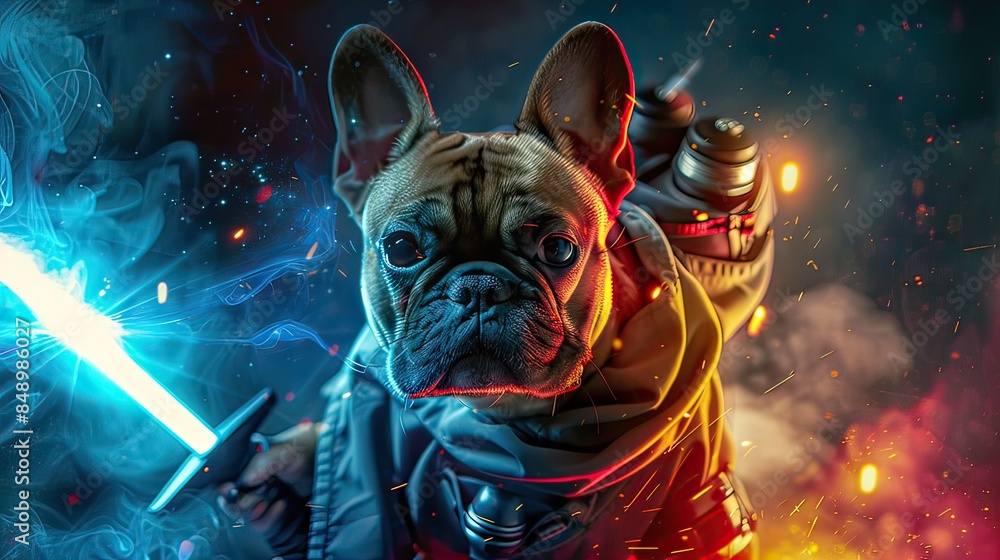 Funny dog in space warrior costume clothes and with a glowing sword, cute pet for background, poster, print, design card, banner, flyer Funny dog in space warrior costume clothes and with a glowing sword, cute pet for background, poster, print, design card, banner, flyer