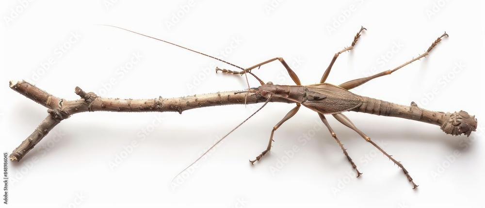 A stick insect with elongated body mimicking a twig isolated on a white background A stick insect with elongated body mimicking a twig isolated on a white background
