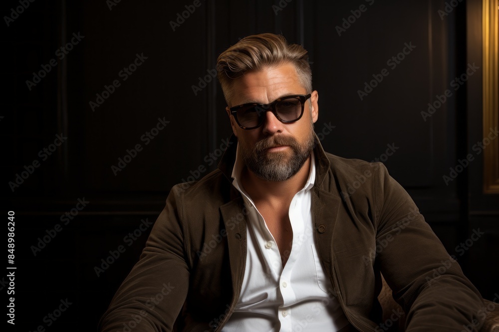 Portrait of a glad man in his 40s wearing a trendy sunglasses while standing against scandinavian-style interior background Portrait of a glad man in his 40s wearing a trendy sunglasses while standing against scandinavian-style interior background