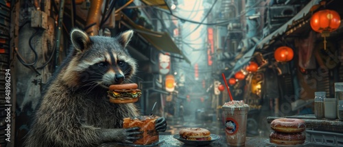 A raccoon eating a sandwich, with extra hands holding a milkshake and donut in an urban alley