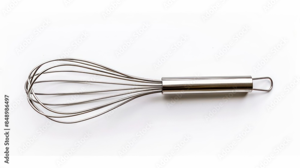 A sturdy whisk with a polished metal finish isolated on a white background A sturdy whisk with a polished metal finish isolated on a white background