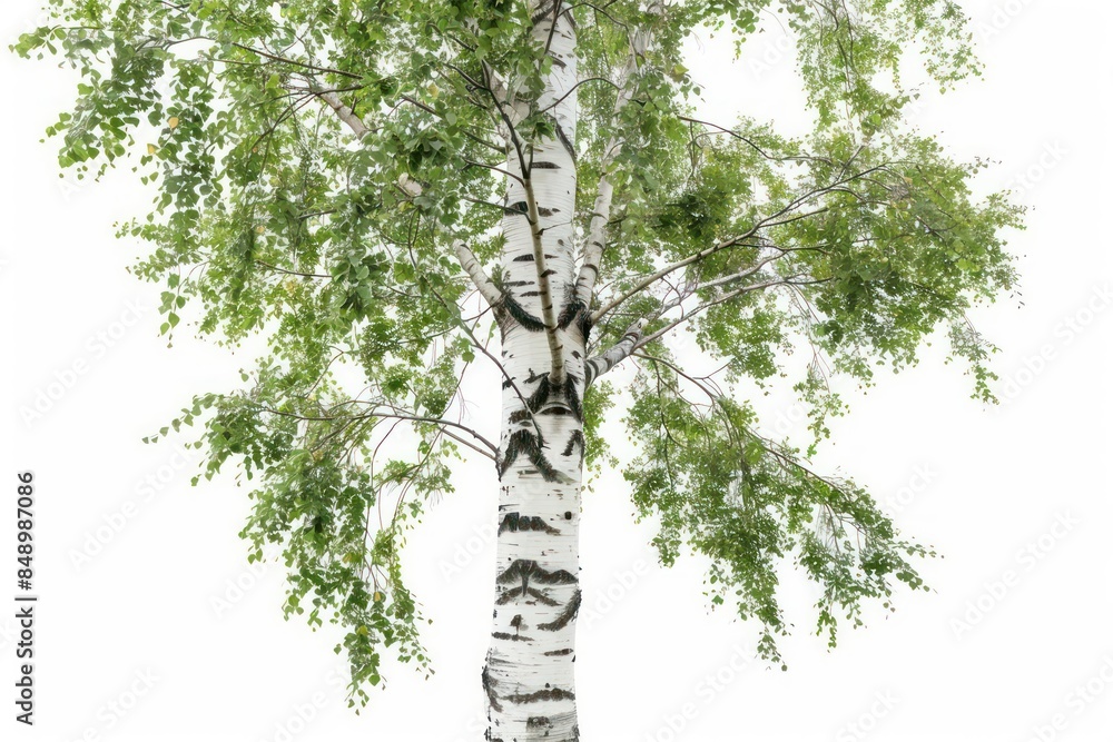 Fototapeta premium A tall birch tree with distinctive white bark and delicate green leaves isolated on a white background