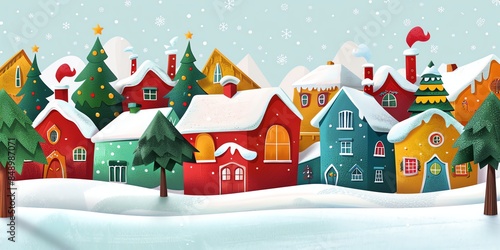 Wallpaper Mural 3d, a greeting card with houses and trees in the snow, colorful cartoon illustration of smiling characters, bold lines, simple shapes, flat design, textured illustrations, Christmas theme, Torontodigital.ca