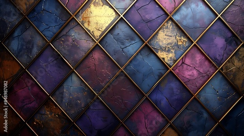 An abstract background featuring an Art Deco inspired rhombus pattern with gold lines, shades of purple and gold, hd quality, digital rendering, high contrast, geometric design, luxurious aesthetic.