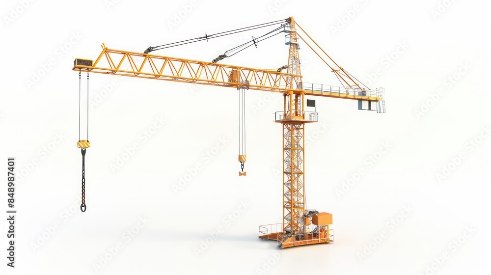 A towering crane with a long boom and hook isolated on a white background A towering crane with a long boom and hook isolated on a white background