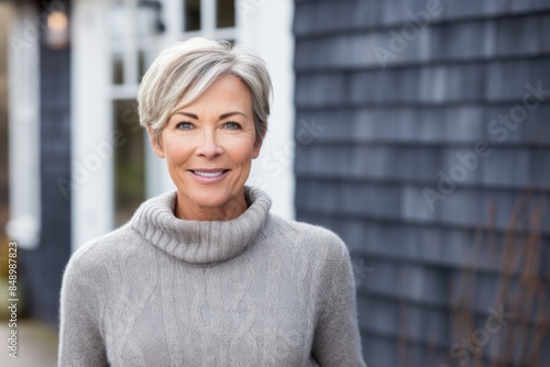 Portrait of a happy woman in her 50s wearing a thermal fleece pullover in scandinavian-style interior background