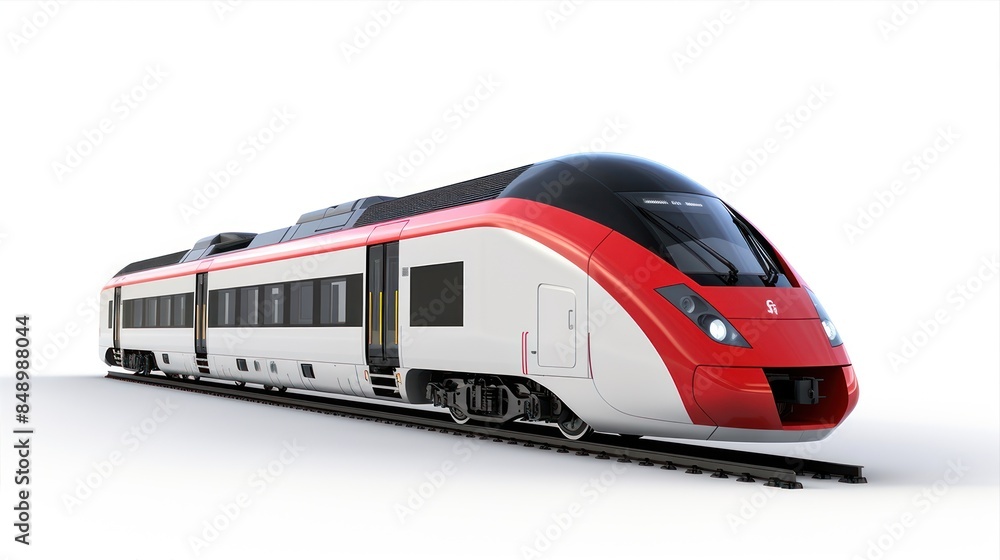 Super streamlined high-speed train with driver's cabin and carriages isolated on a white background. Intercity public transport traveling on railway rails Super streamlined high-speed train with driver's cabin and carriages isolated on a white background. Intercity public transport traveling on railway rails