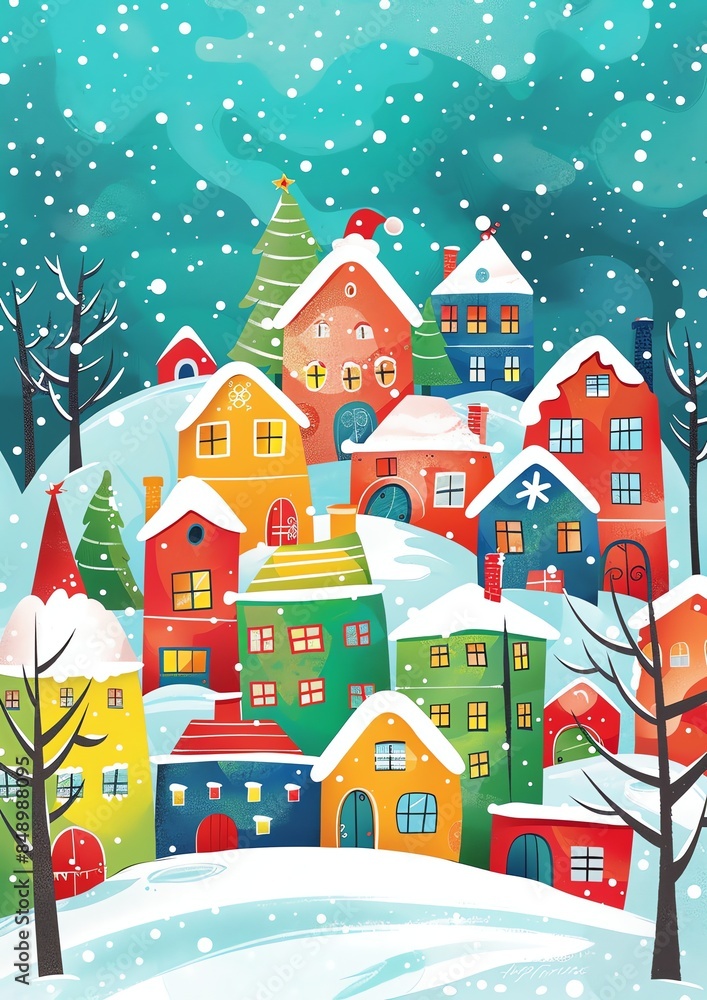 3d, a greeting card with houses and trees in the snow, colorful cartoon illustration of smiling characters, bold lines, simple shapes, flat design, textured illustrations, Christmas theme, 3d, a greeting card with houses and trees in the snow, colorful cartoon illustration of smiling characters, bold lines, simple shapes, flat design, textured illustrations, Christmas theme,