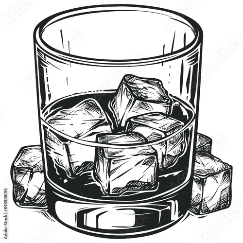 Glass with whiskey and ice cubes, vector