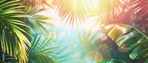 Wallpaper Mural A vibrant summer banner background featuring bright sun rays and tropical palm leaves Torontodigital.ca