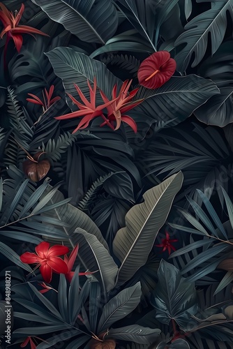 Elegant Tropical Leaves Floral Pattern With Red Rim Lighting In Dark Moody Atmosphere