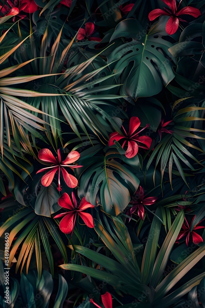 Elegant Tropical Foliage Pattern with Red Highlights on Dark Background Elegant Tropical Foliage Pattern with Red Highlights on Dark Background