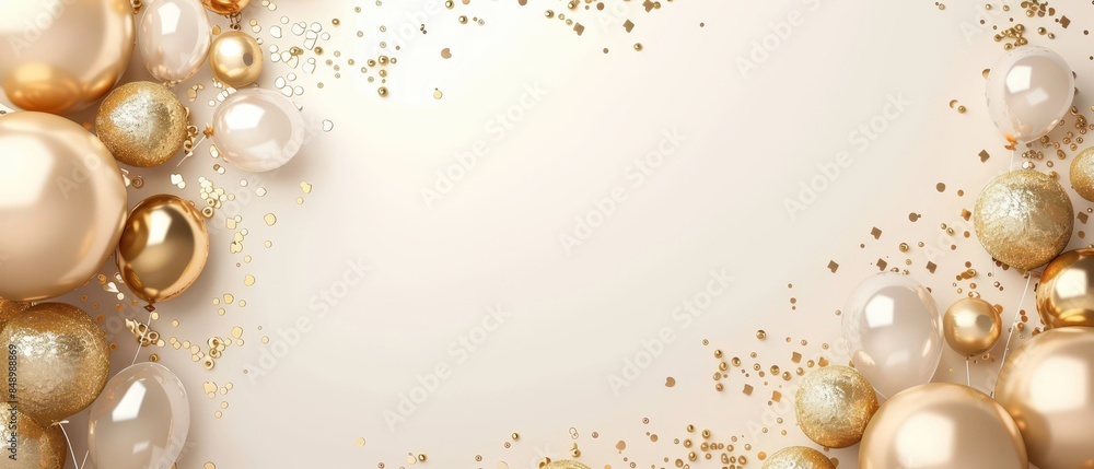 Glossy 3D birthday banner with elegant golden decorations and balloons, white background, text space Glossy 3D birthday banner with elegant golden decorations and balloons, white background, text space