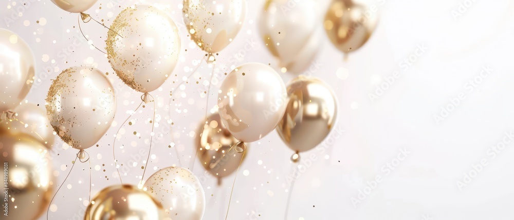 Glossy 3D birthday banner with elegant golden decorations and balloons, white background, text space Glossy 3D birthday banner with elegant golden decorations and balloons, white background, text space
