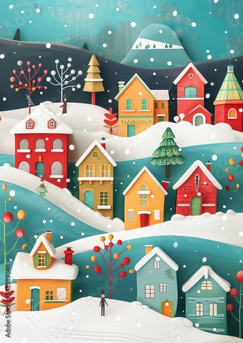 Wallpaper Mural 3d, a greeting card with houses and trees in the snow, colorful cartoon illustration of smiling characters, bold lines, simple shapes, flat design, textured illustrations, Christmas theme, Torontodigital.ca