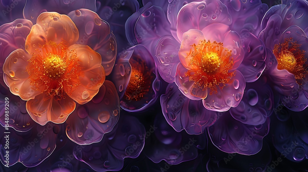An abstract background featuring ellipses filled with floral patterns, shades of purple and yellow, hd quality, digital rendering, high contrast, geometric design, modern aesthetic. An abstract background featuring ellipses filled with floral patterns, shades of purple and yellow, hd quality, digital rendering, high contrast, geometric design, modern aesthetic.