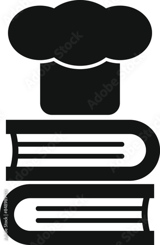 Black and white icon of a chef hat standing on a stack of books, representing culinary education
