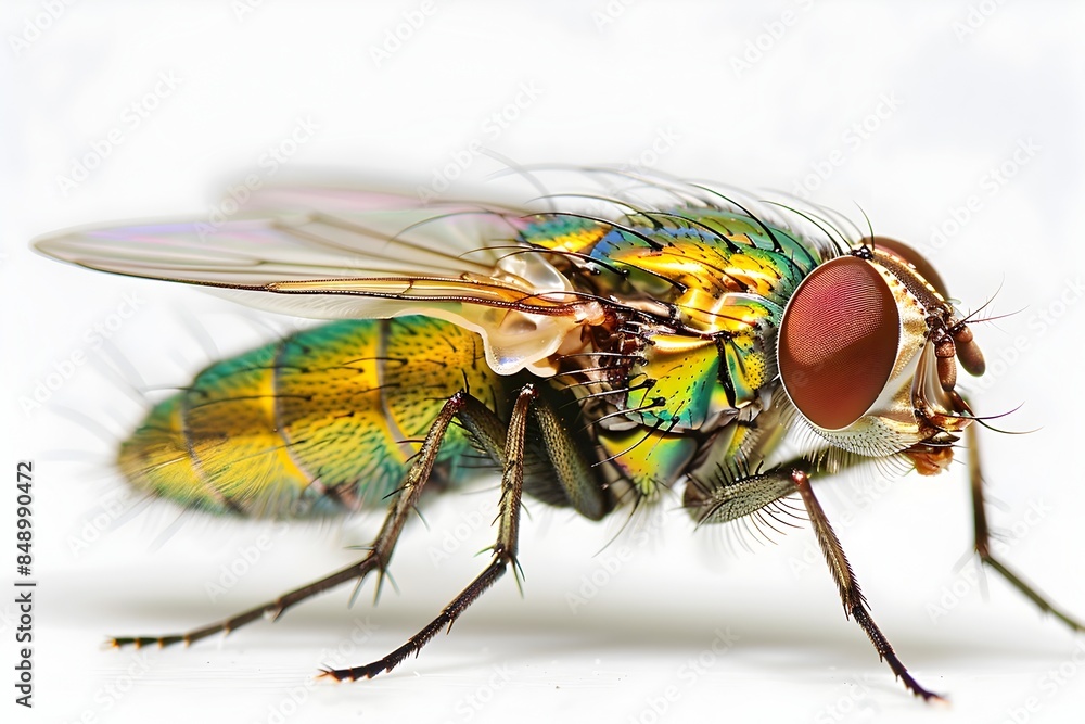 Stunning Macro Shot of Iridescent Housefly Isolated on White Background Stunning Macro Shot of Iridescent Housefly Isolated on White Background