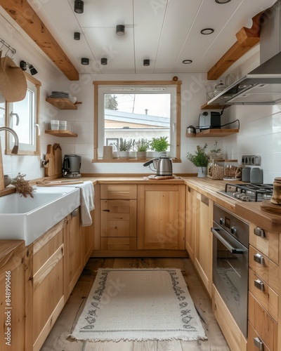 Cozy Small Kitchen: Sink Near Window, Wooden Cabinets, Gas Stove, Kettle - Counter with Stove, Wooden Floor - Compact Kitchen Design