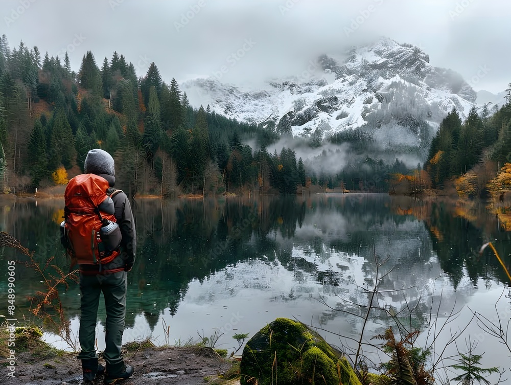 Serene Hiker Enjoying Tranquil Autumn Landscape by Misty Mountain Lake Serene Hiker Enjoying Tranquil Autumn Landscape by Misty Mountain Lake
