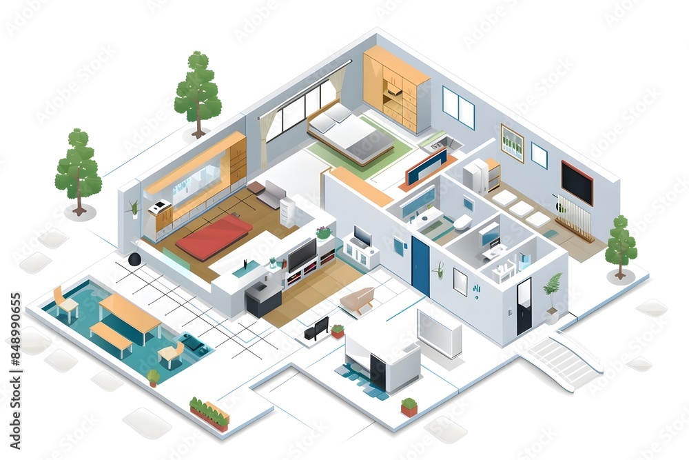 Detailed isometric digital building plan showcasing available rooms and interior layout in a Detailed isometric digital building plan showcasing available rooms and interior layout in a