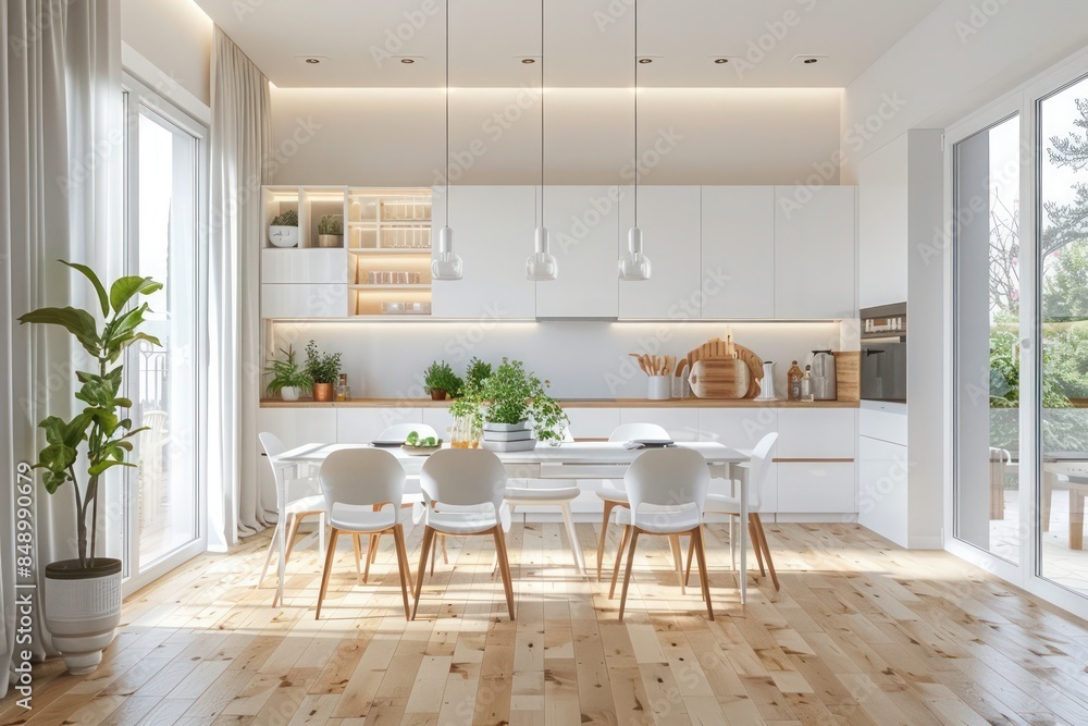 Open space kitchen and dining room with white Scandinavian furniture, wooden floor, window, and luxurious design in a new apartment Open space kitchen and dining room with white Scandinavian furniture, wooden floor, window, and luxurious design in a new apartment