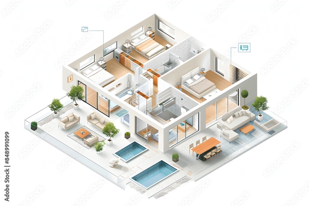 Detailed Digital Building Plan Showing Available Rooms in Isometric Graphics Style on White Detailed Digital Building Plan Showing Available Rooms in Isometric Graphics Style on White