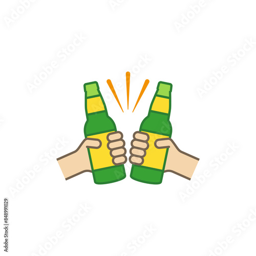 Hands holding beer bottles. Clink, cheers and toasting. Color vector illustration white background. Two bottles of beer are held in hands. 