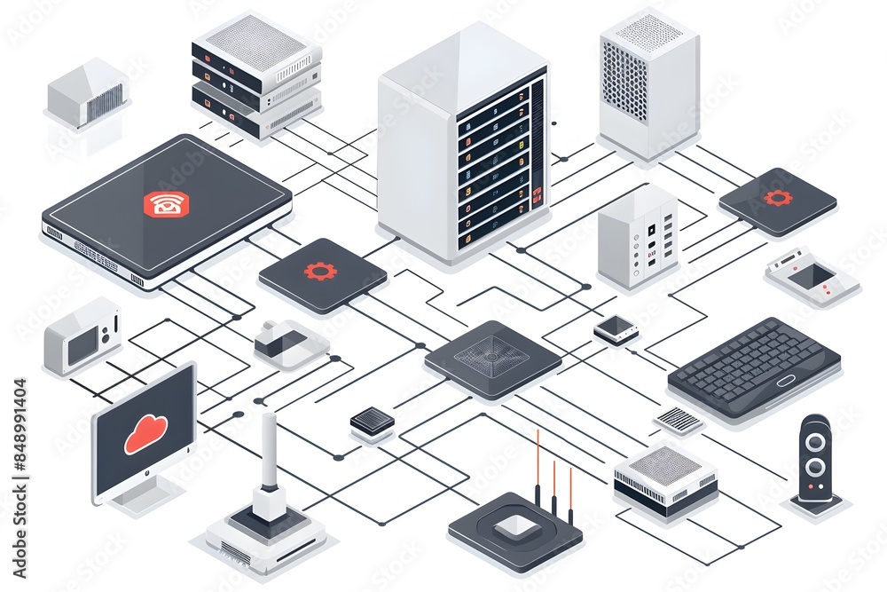 Interconnected Network System Diagram in Isometric Graphics Style on White Background Interconnected Network System Diagram in Isometric Graphics Style on White Background